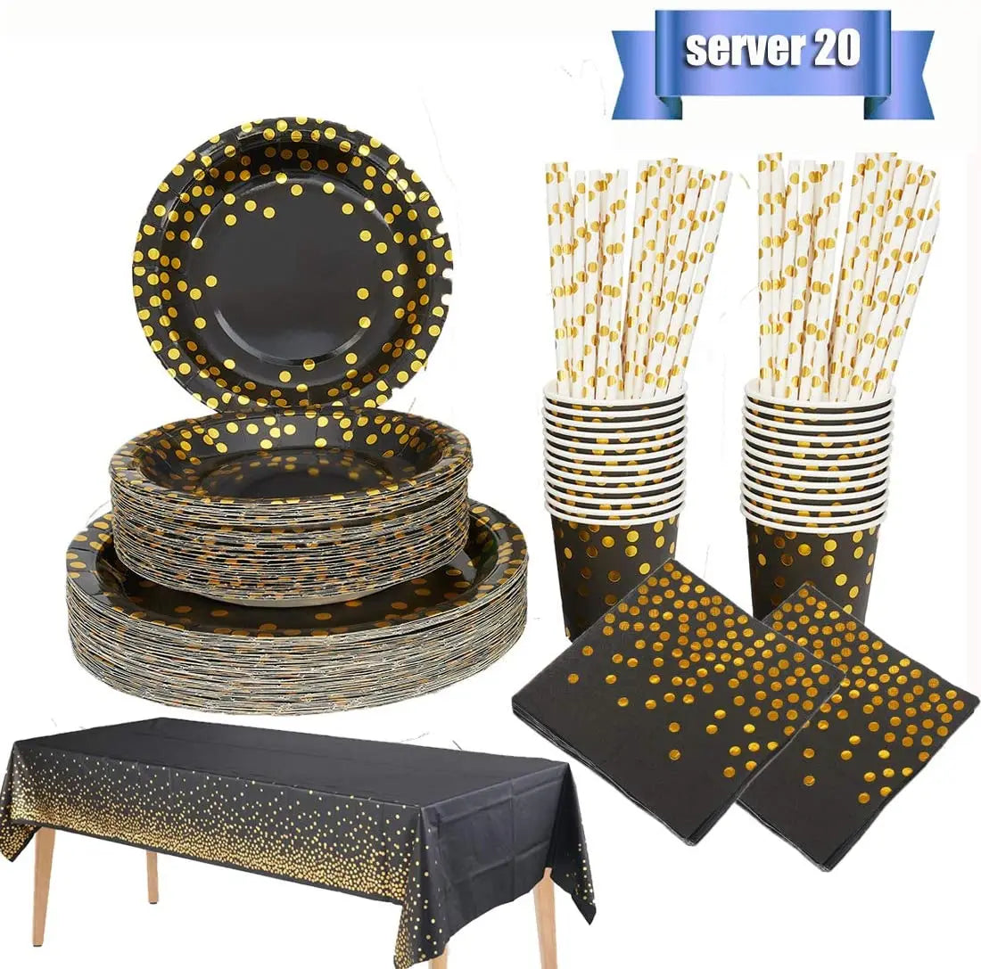 Birthday Party 2 Wedding Birthday Baby Bath Supplies 101pcs Gold and Black Paper Plates Paper Cups Napkins Tablecloths Disposable Cutlery Set