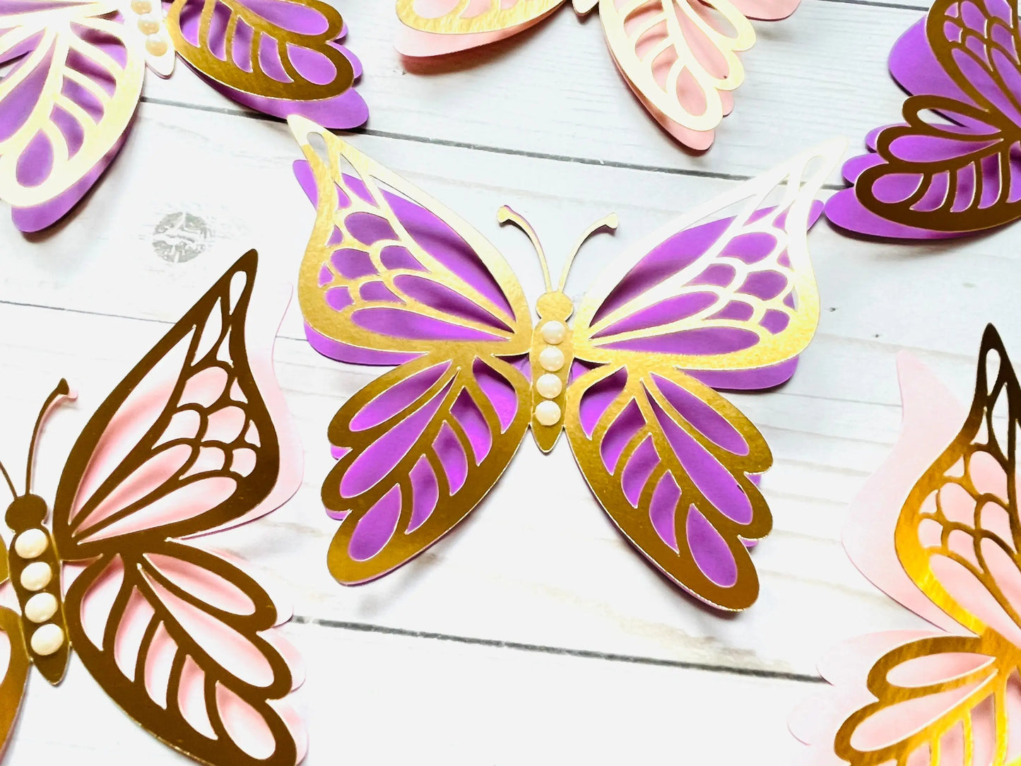 Birthday Party 2 Novelty Butterfly Cupcakes Decoration Pink and Gold Paper Butterfly Stickers Bedroom Hollow Pearl Butterfly Mural Decals