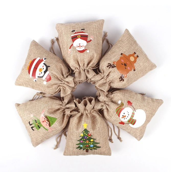 10 * 14Cm 6pcs/set custom Christmas burlap gift bag pull rope candy wrapping paper Christmas party supplies Christmas pull rope gift bag 