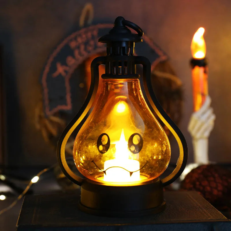Adereços decorativos para Halloween e Dia dos Mortos, lanterna Jack-o' - Lanterna com luz de vela, festival fantasma, lanterna portátil, luz de mesa para Halloween, diodo emissor de luz 