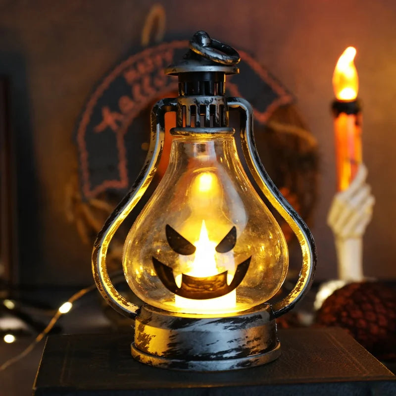 Adereços decorativos para Halloween e Dia dos Mortos, lanterna Jack-o' - Lanterna com luz de vela, festival fantasma, lanterna portátil, luz de mesa para Halloween, diodo emissor de luz 