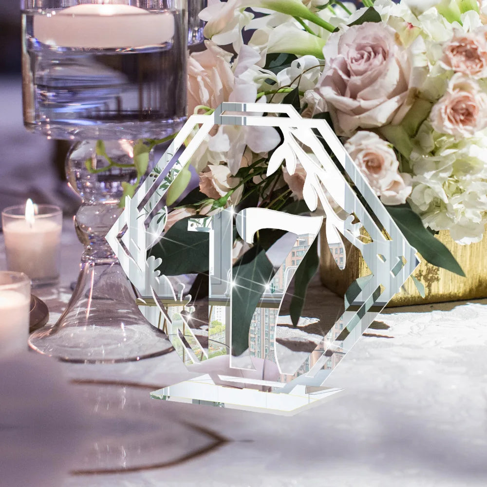 1 Wedding party, custom 3D acrylic wedding table number plate gold and silver mirror placement card and table setting