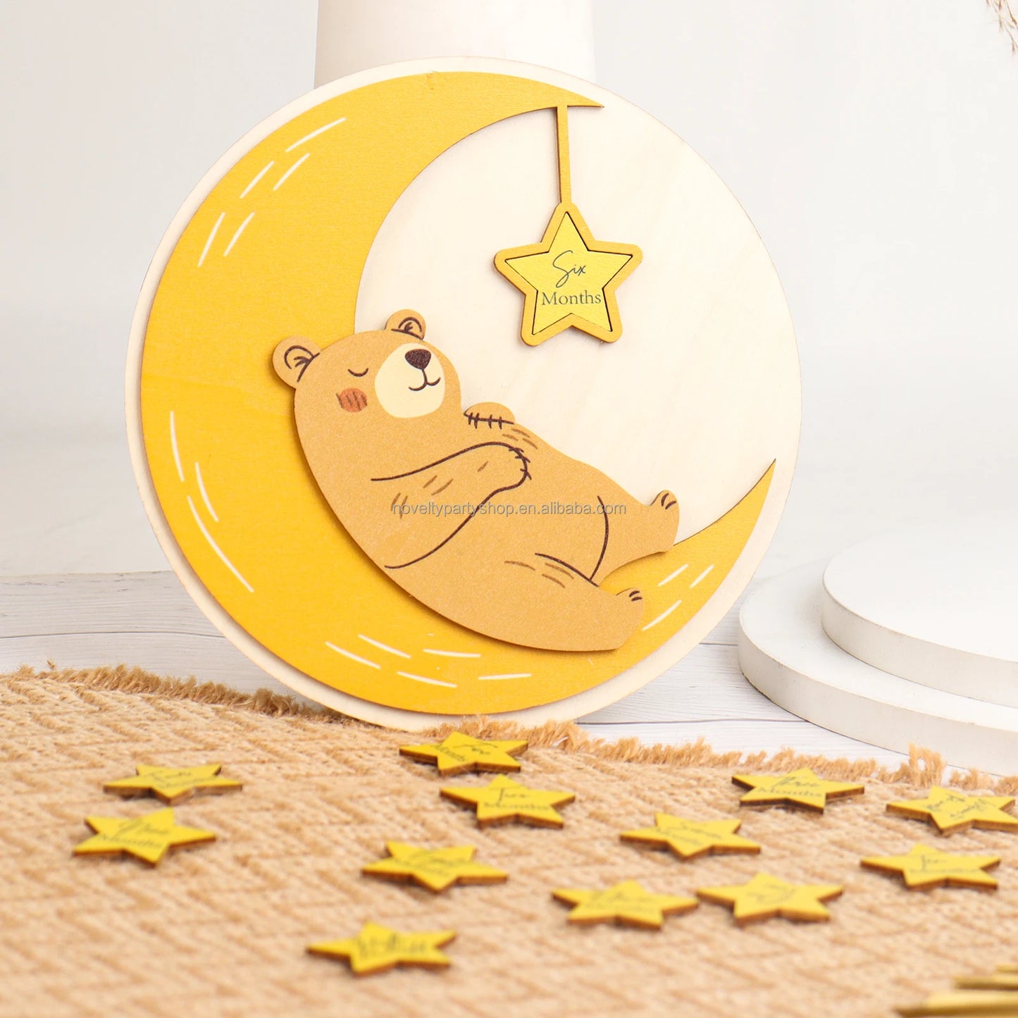 Birthday Party Novelty Baby Milestones Bear Moon Milestones Marker Newborn Baby Bear Shape Monthly Milestones Wooden Card