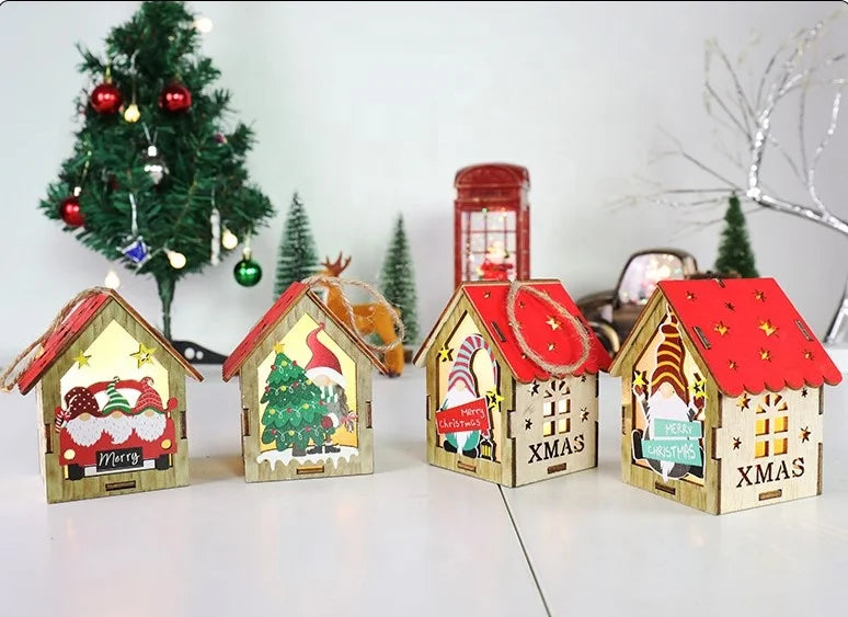 Christmas Tree Ornament Light Emitting Diode Yeti Colorful House with Candle Light Christmas Light Emitting Diode Wooden Gnome Doll Pendant 