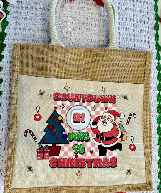 Novelty Personalized Reusable Christmas Countdown Advent Calendar Burlap Holiday Gift Bag
