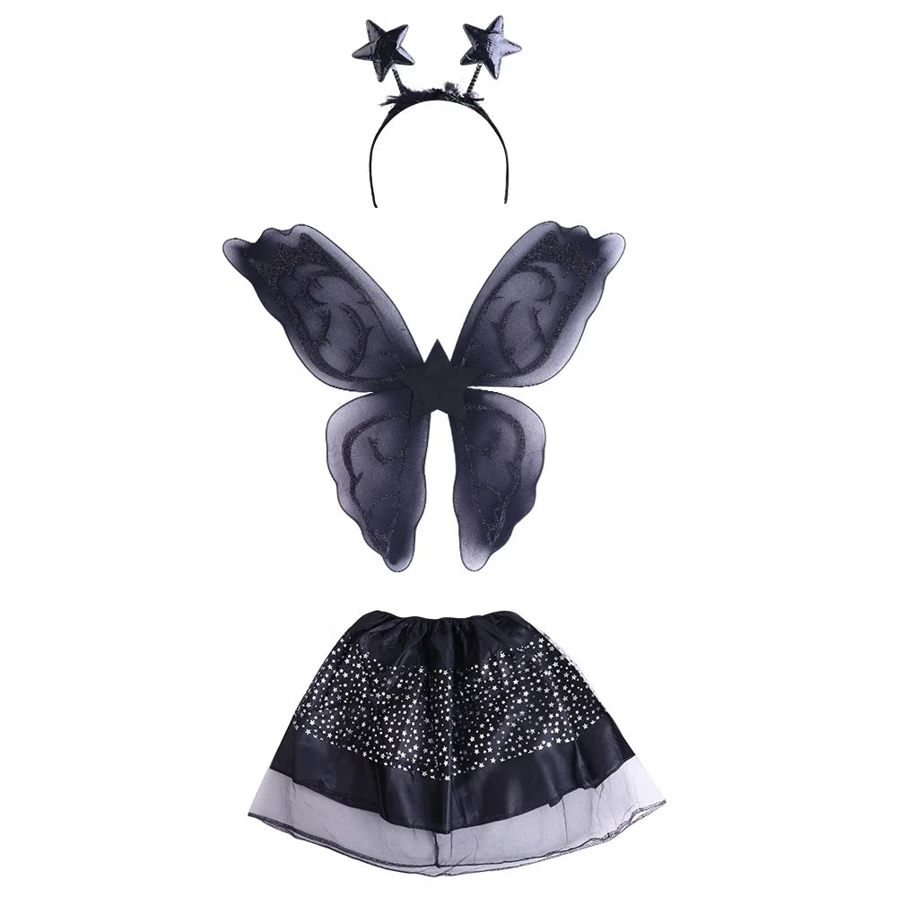 Halloween & Day of the Dead Black Fairy Tutu Wings Headband Dress Up Set Black Butterfly Costume Halloween Girl Costume