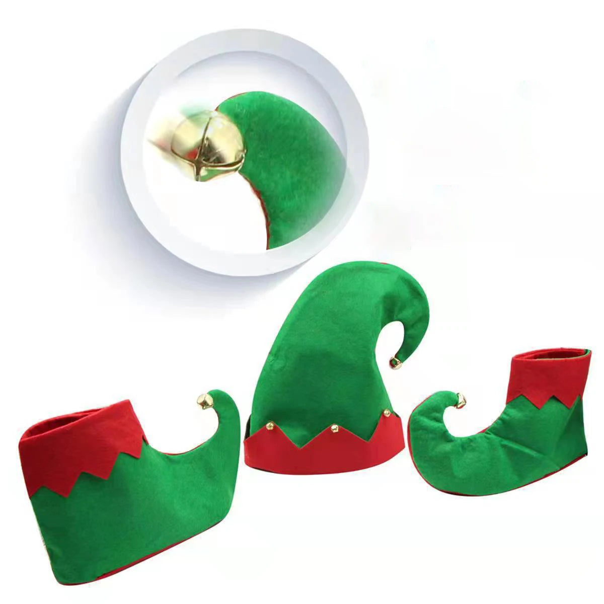 Wholesale New Christmas Elf Hat Holiday Party Ornaments Red and Green 3-piece Set Christmas Hat Felt with Bells