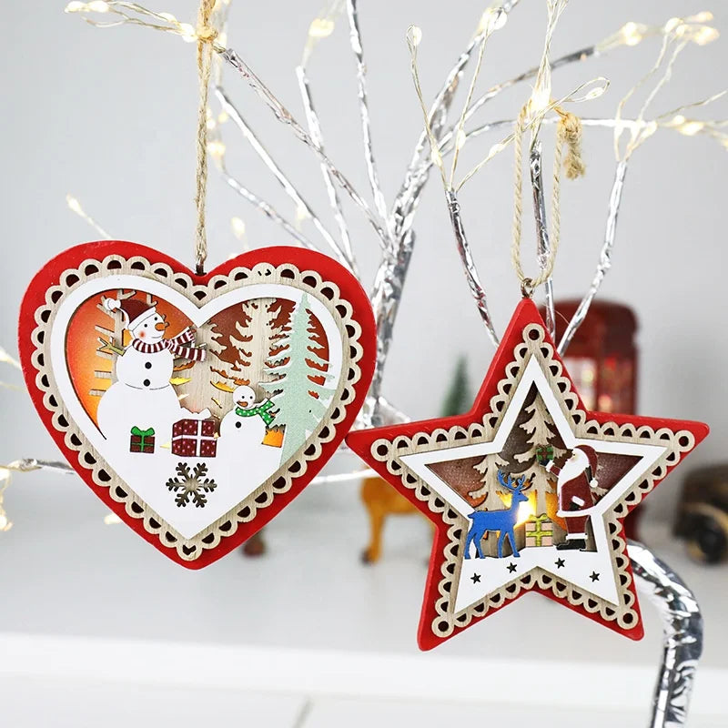 Christmas Tree Light Emitting Diode Light Nutcracker Soldier Hanging Ornament DIY Star/Car Wooden Decoration New Year Christmas Tree Home Decoration