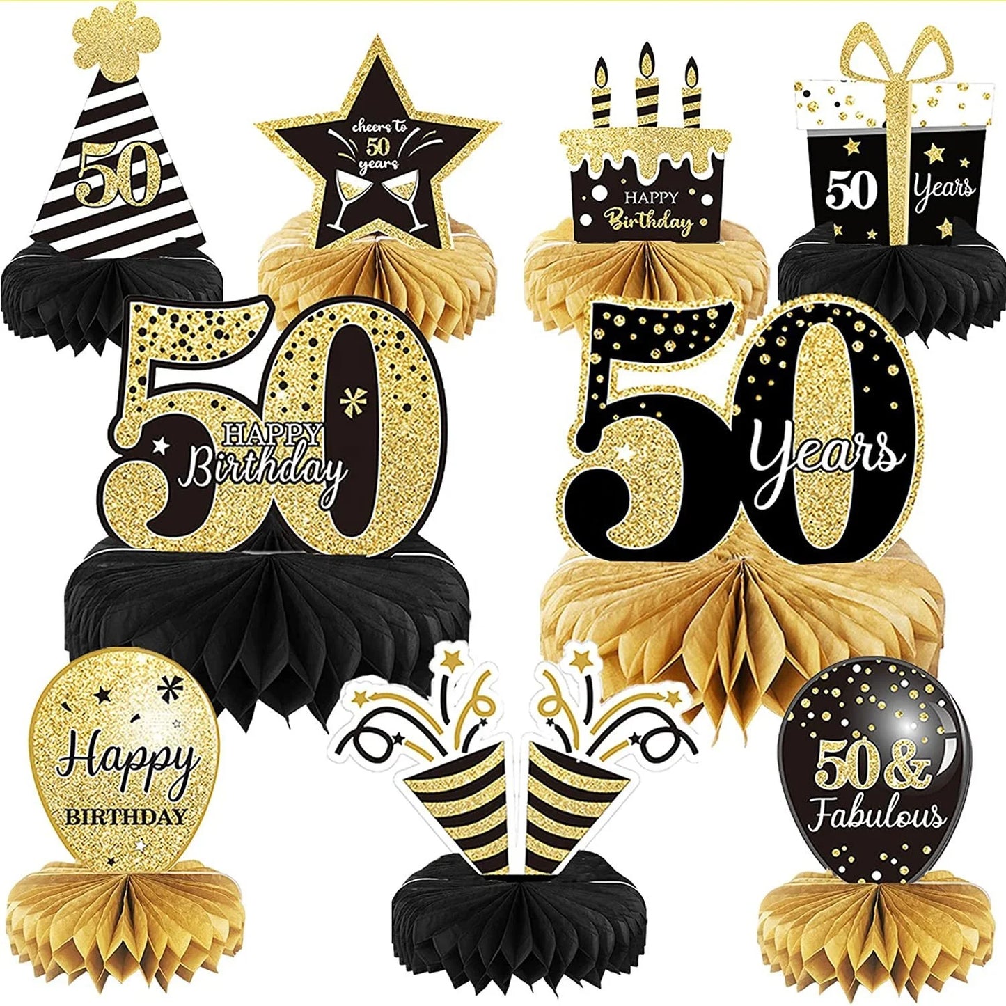 Birthday Party 2 Pieces 50st Honeycomb Center Piece 50st Black Gold Birthday Decoration 50th Honeycomb Men's and Women's Birthday Party Honeycomb
