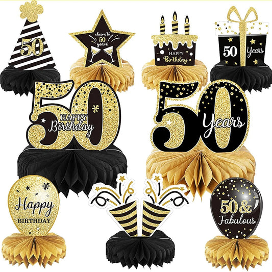 Birthday Party 2 Pieces 50st Honeycomb Center Piece 50st Black Gold Birthday Decoration 50th Honeycomb Men's and Women's Birthday Party Honeycomb