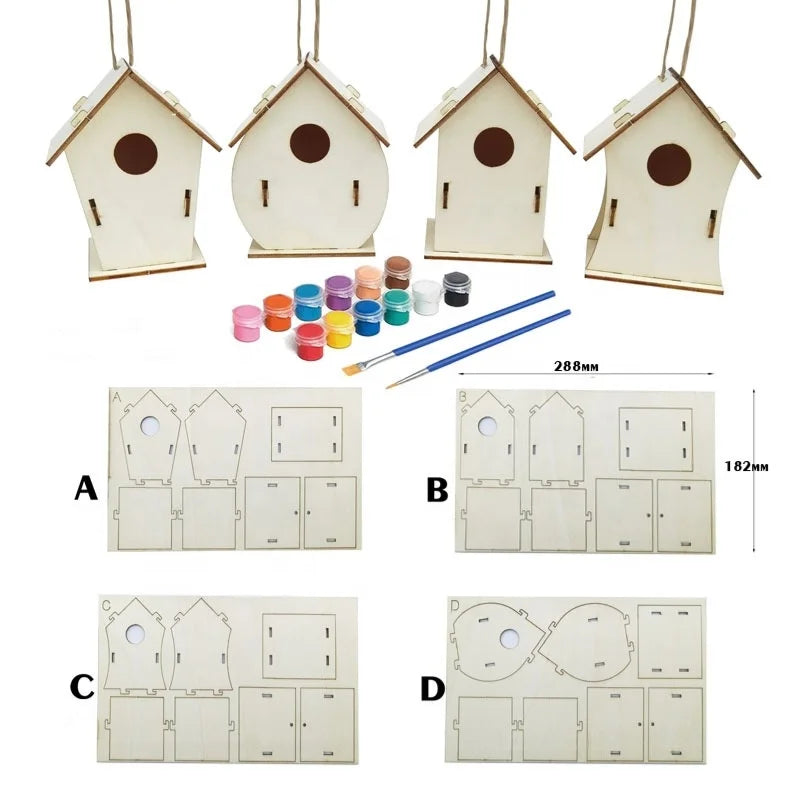 Wooden Crafts, Creative Wooden Bird House Toy Set Hand Painted Graffiti Bird's Nest Wooden Pendant DIY Assembly Children's Painted Bird's Nest