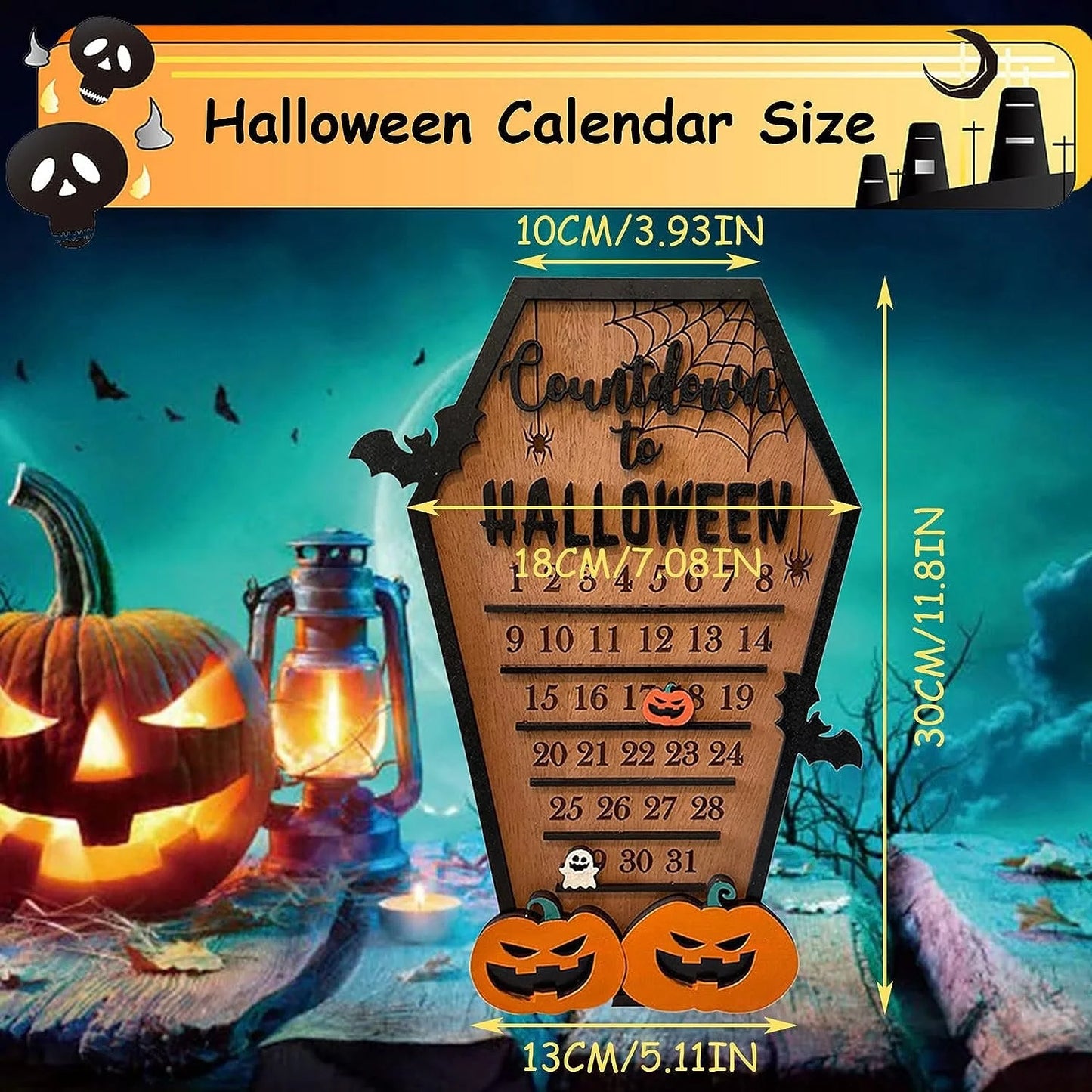 Contagem regressiva para Halloween e Dia dos Mortos, faça você mesmo, celular de madeira, contagem regressiva para Halloween, placas de contagem regressiva para Halloween, morcego, abóbora 