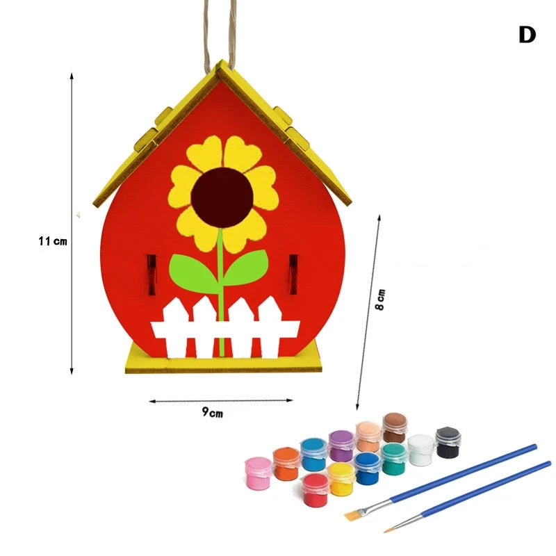 Wooden Crafts, Creative Wooden Bird House Toy Set Hand Painted Graffiti Bird's Nest Wooden Pendant DIY Assembly Children's Painted Bird's Nest