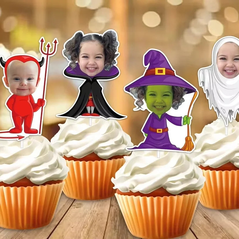 Halloween e Dia dos Mortos 12 peças Padrão Personalizado Festa de Halloween Decoração de Aniversário Rosto Personalizado Foto Cupcake Chapéu Alto Personalizado Cupcake Chapéu Alto de Halloween 