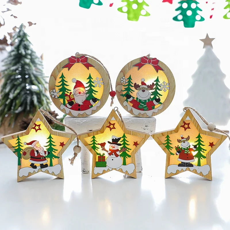 Christmas decoration Wooden luminous pendant Christmas children's small gift Christmas tree decoration pendant