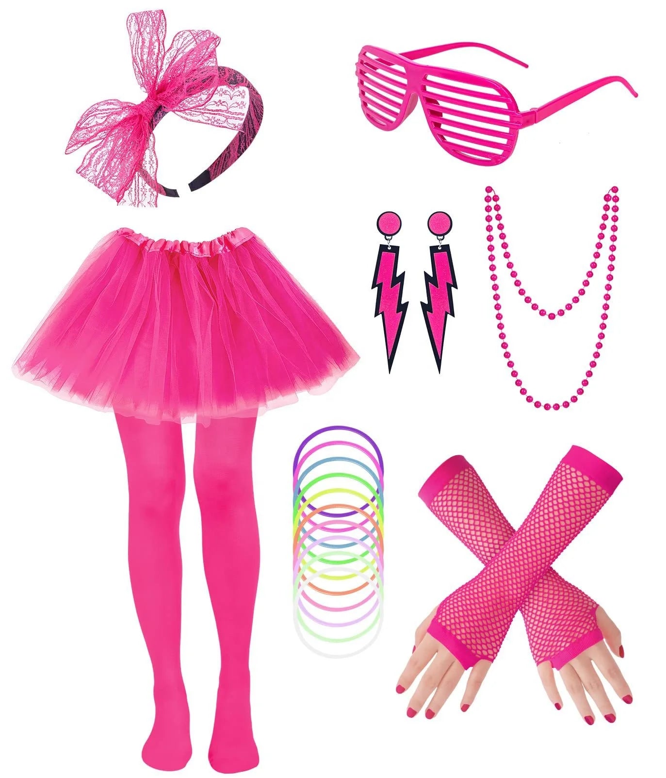 Girls Children's Clothing Accessories Neon Necklace Blinds Glasses Earrings Fishnet Gloves Leggings Skirt Set