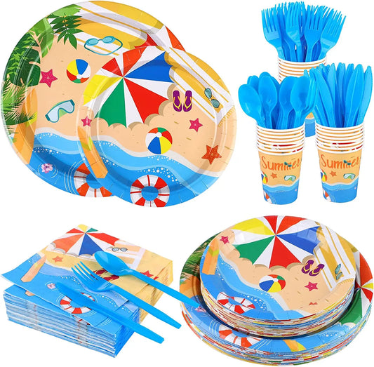 7 inch paper plate napkin cup fork knife spoon beach party supplies summer pool party tableware set