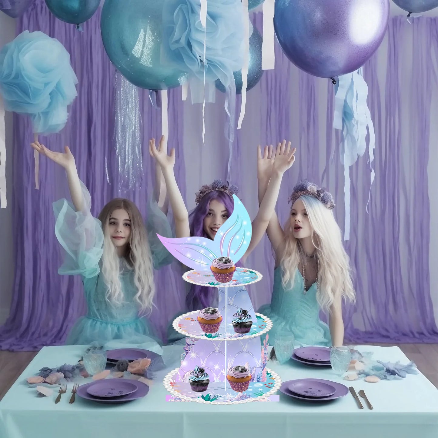 Birthday Party 2Mermaid Themed Layer Cartoon Cake Stand Birthday Party Supplies Disposable Three Layer Cake Stand