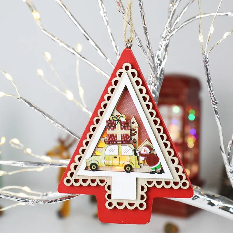 Christmas Tree Light Emitting Diode Light Nutcracker Soldier Hanging Ornament DIY Star/Car Wooden Decoration New Year Christmas Tree Home Decoration