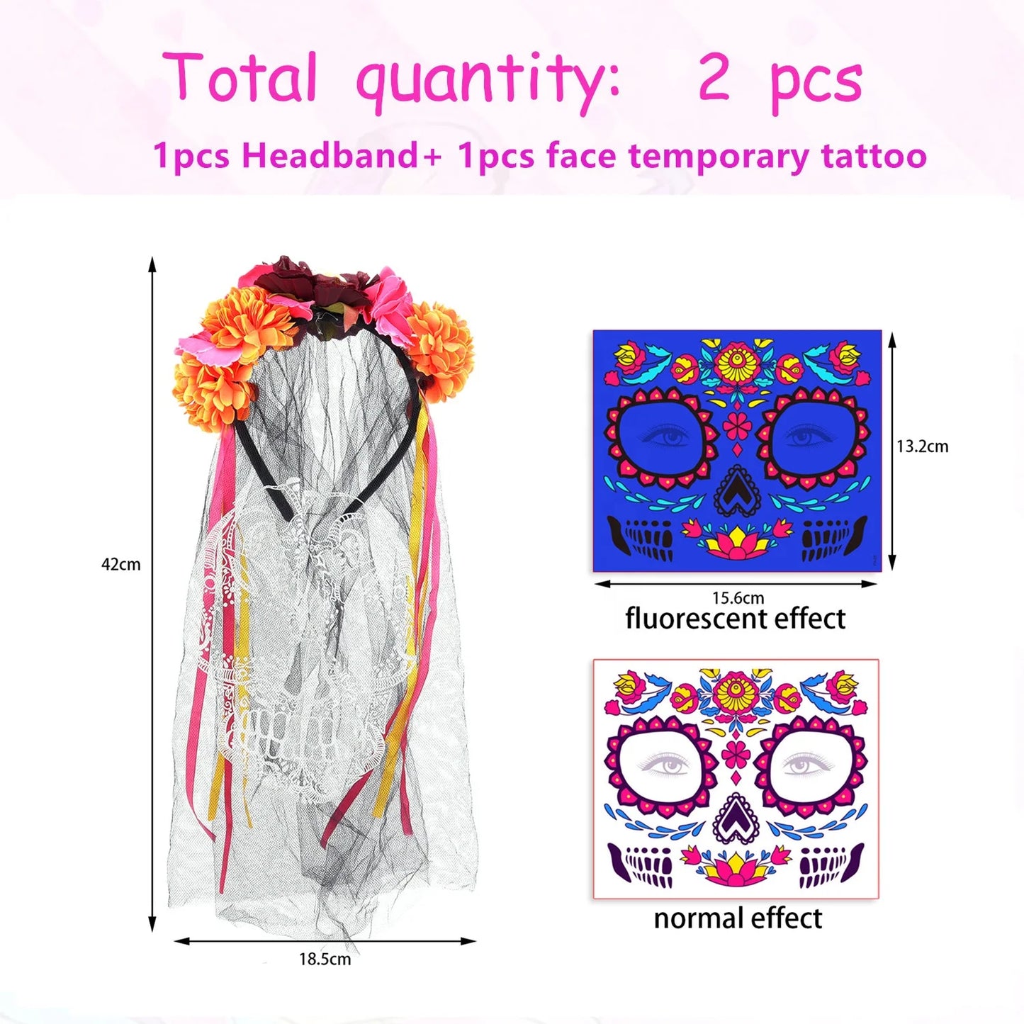 Halloween & Death Day Sugar Skull Neon Face Tattoo Women's Day Dead Flower Headband Halloween Costume Set
