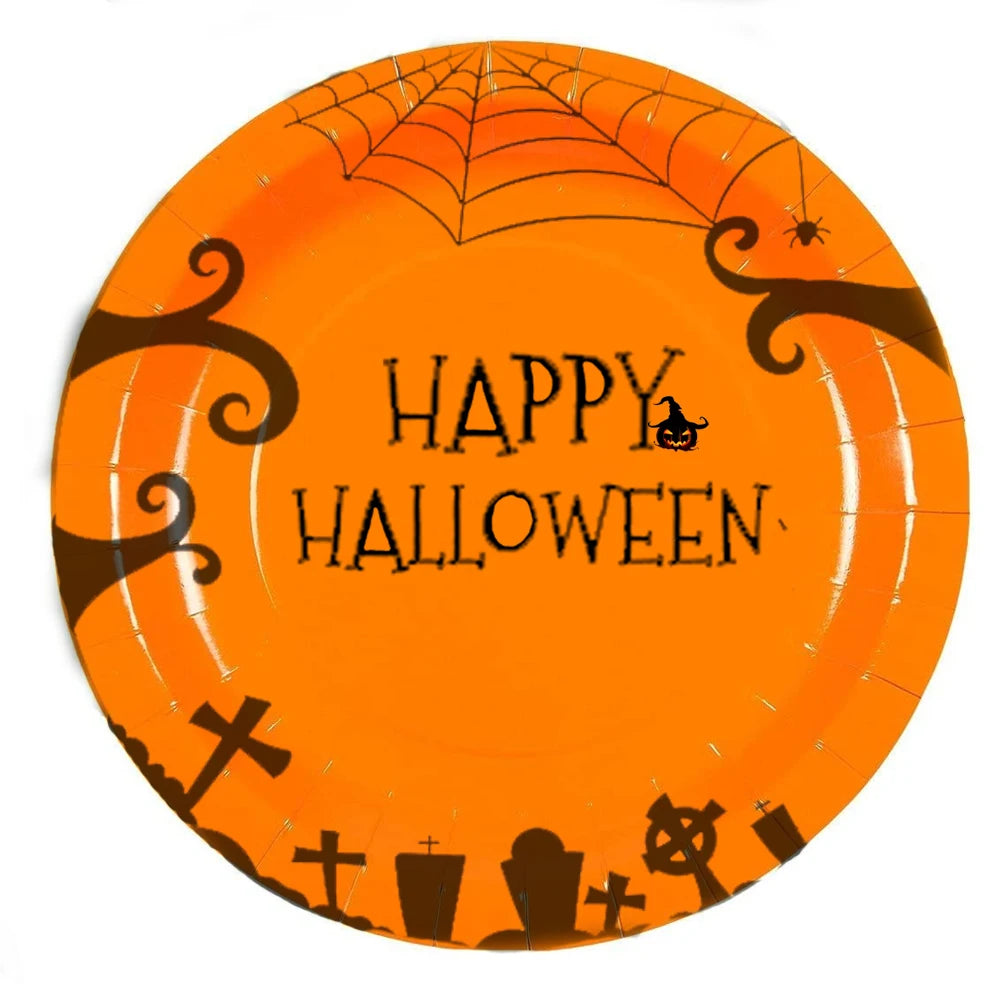 Conjunto de talheres descartáveis ​​para Halloween e Dia dos Mortos, suprimentos para festa de Halloween, inclui 24 pratos de papel, 24 guardanapos e 24 xícaras. Conjunto de talheres de Halloween 