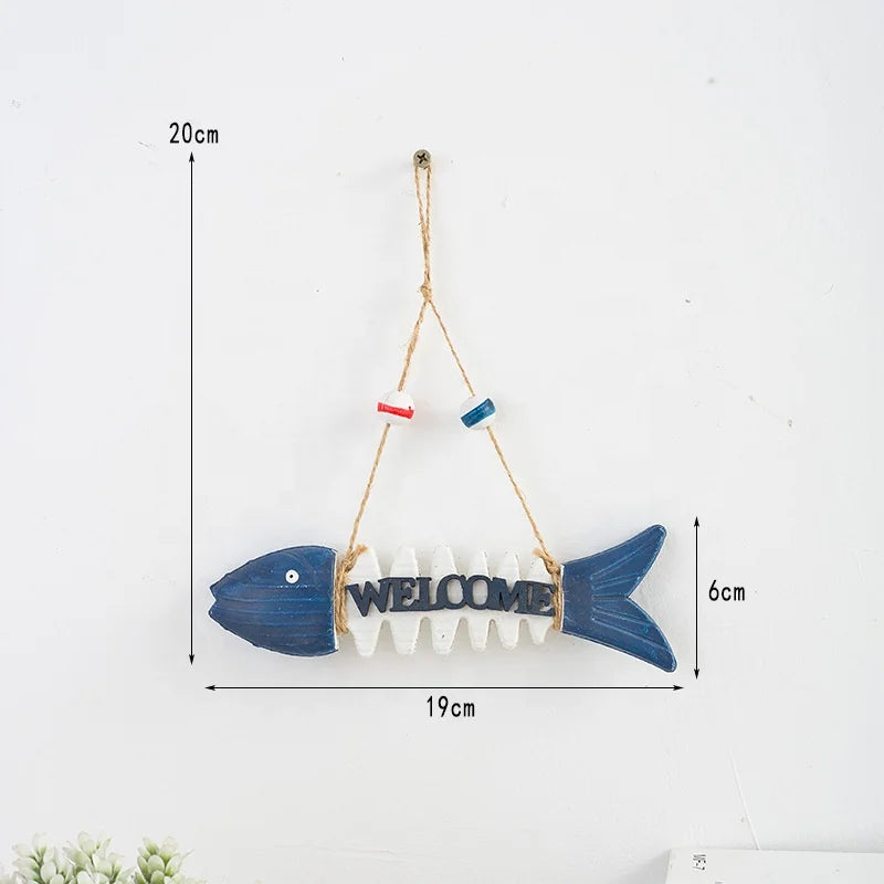 Wooden handicrafts, nautical wooden fish welcome skeleton wall hanging ornaments home door decoration gifts hanging retro wooden plate decoration