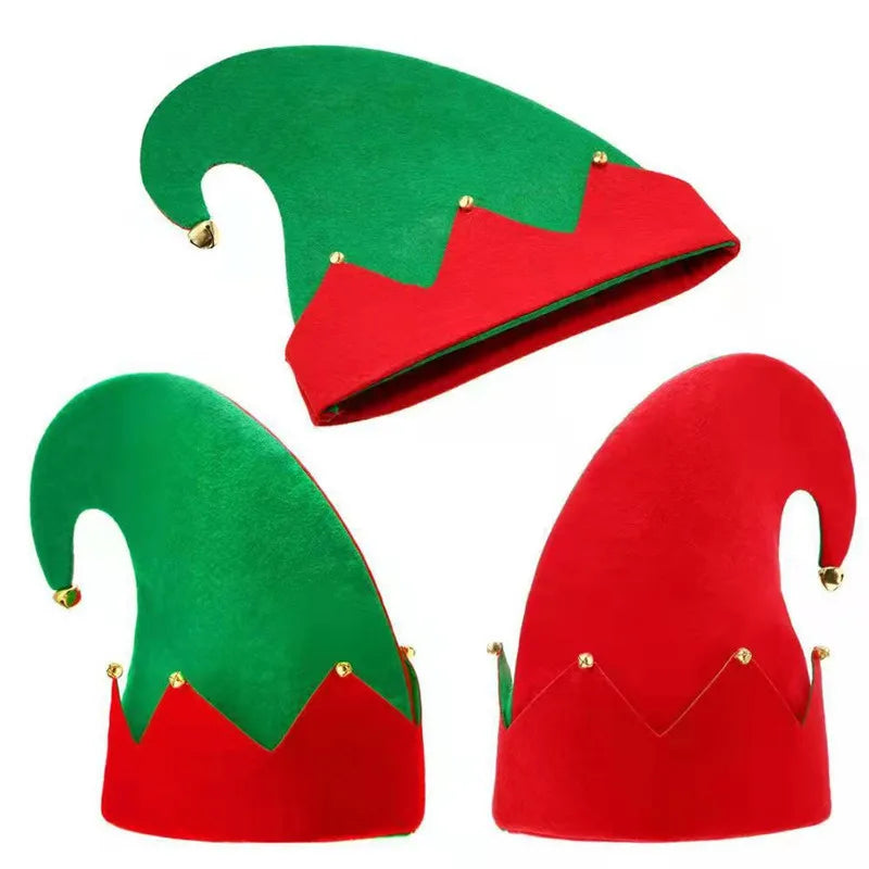 Wholesale New Christmas Elf Hat Holiday Party Ornaments Red and Green 3-piece Set Christmas Hat Felt with Bells