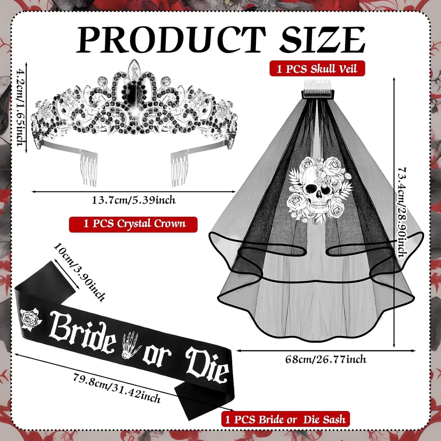 Bachelorette Party 1 Pafu 3pcs Black Bridal or Death Veil Belt Bachelorette Party Ornaments Gothic Rose Headband Bridal Shower Crystal Crown