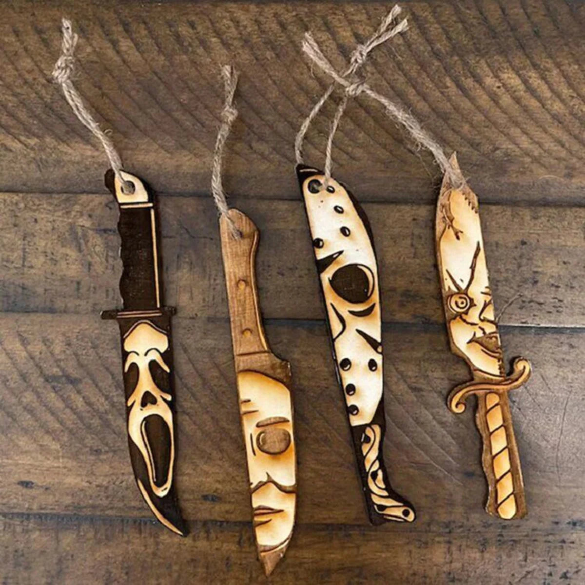 Wooden Crafts, Horror Movie Knife Christmas Ornament Handmade Wooden Laser Carving Horror Christmas Wooden Christmas Home Decoration Car Pendant Gifts