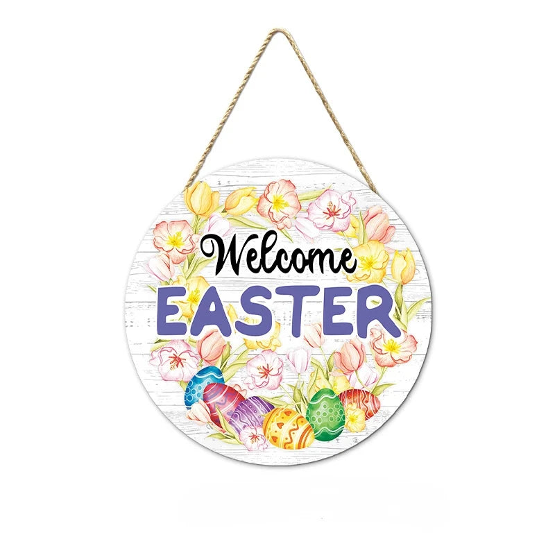 Easter and Thanksgiving 3 New Easter Round Booney Door Pendant Decoration Round Wooden Rabbit Egg Painting Home Crafts Hanging Signs Wall Decoration