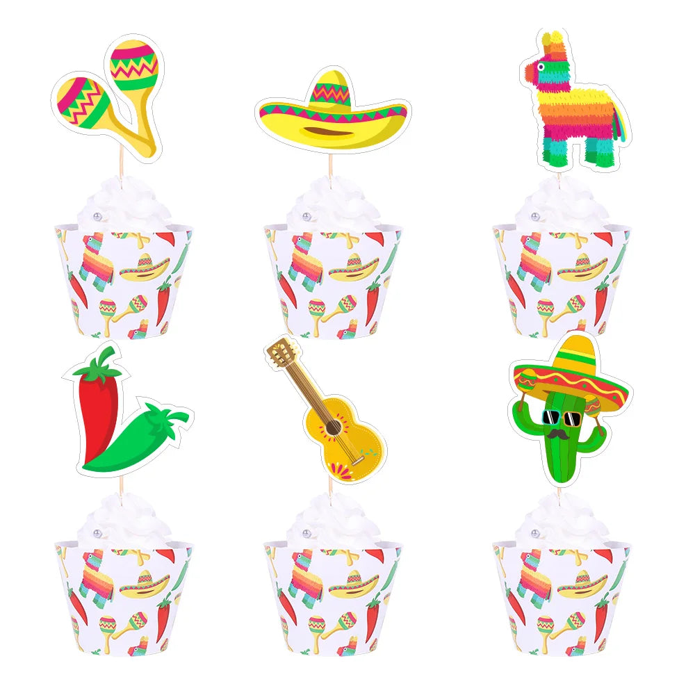 12 Mexican Themed Party Cake Tops Served with 12 Mexican Themed Party Decorations Welcome Birthday Cake Tops