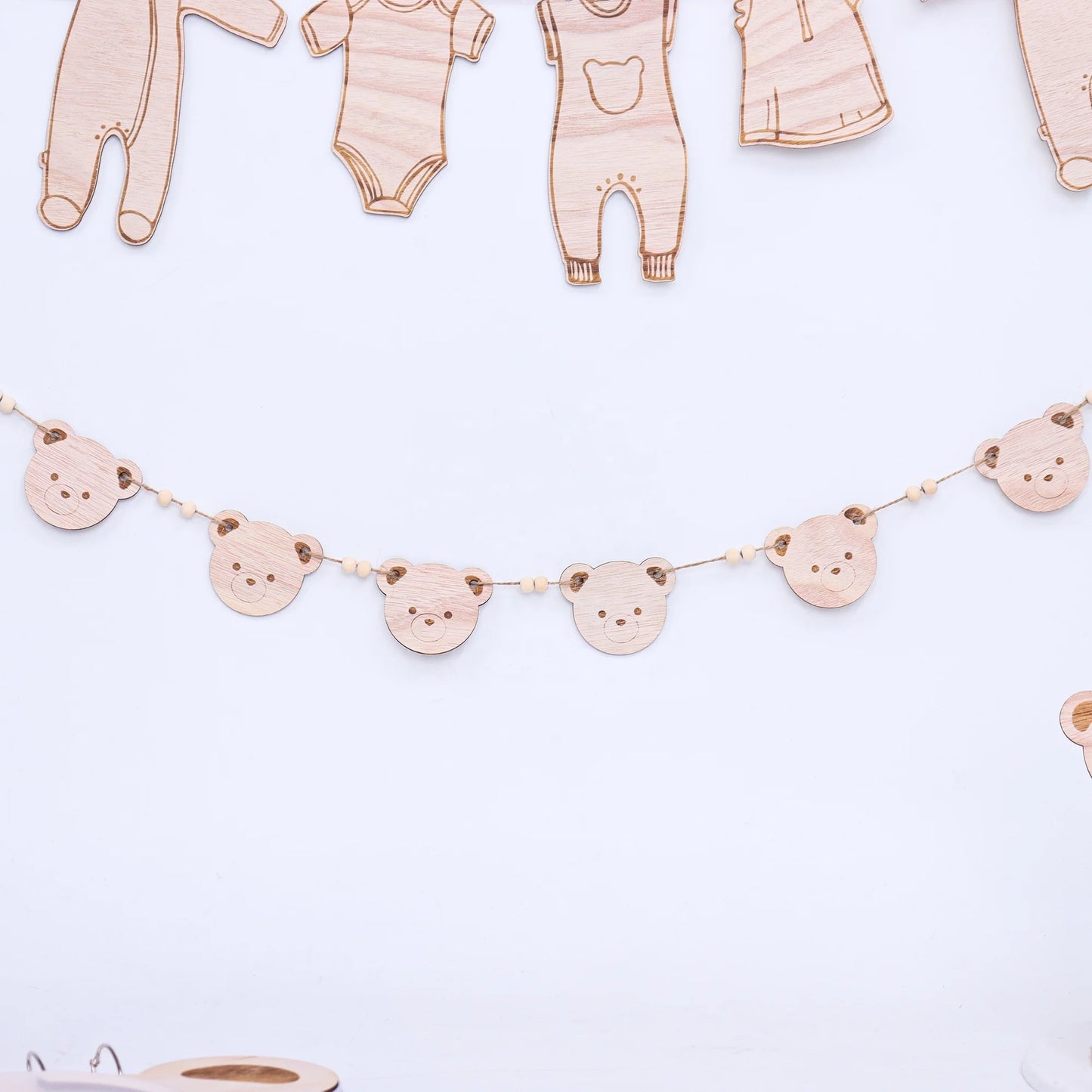 Birthday Party Custom Design Sex Reveal Party Decoration Wooden Bear Beads Baby Banner Shower Wreath Party Plywood Bunting