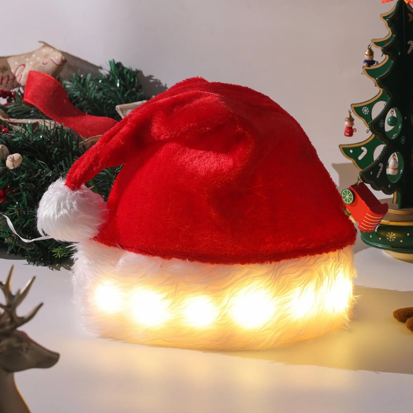 Christmas Hat with Light Emitting Diode Red Christmas Plush Santa Hat Custom Holiday Party Hat