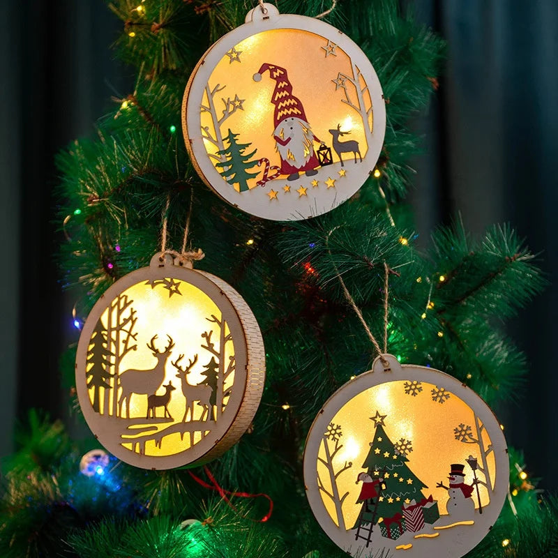 Christmas Decoration Round Lighting Old Man Snowman Elk Light Emitting Diode Wooden Christmas Tree Pendant