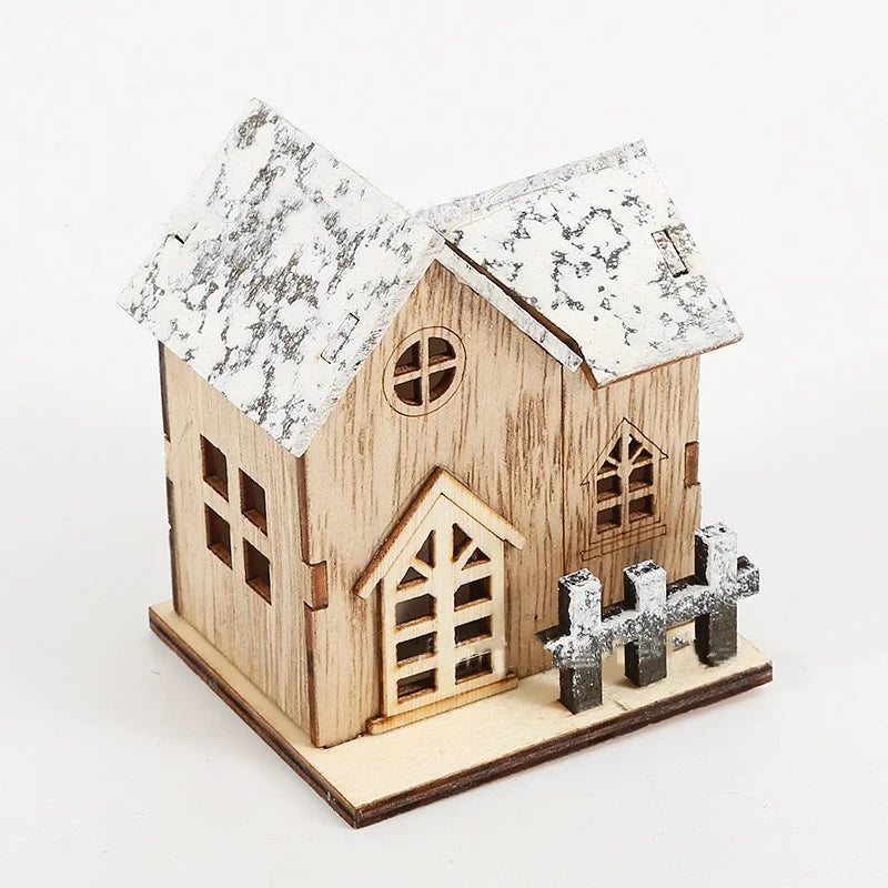 Christmas Wooden Hollow Snow Emitting House Holiday Home Decoration Christmas Wooden Light Emitting Diode Lighting Cabin Table Ornament
