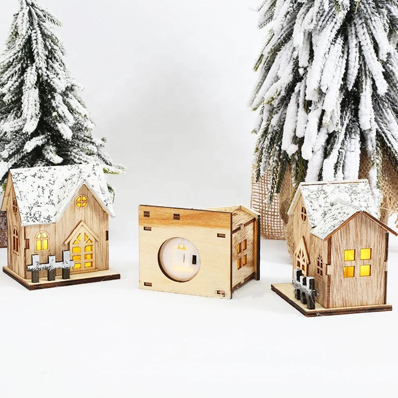 Christmas Wooden Hollow Snow Emitting House Holiday Home Decoration Christmas Wooden Light Emitting Diode Lighting Cabin Table Ornament