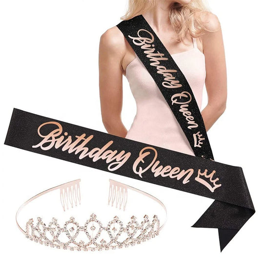 Birthday Party 2 Novelty Birthday Girl Window Cover Rose Gold Glitter Window Strap with Crown Birthday Queen Birthday Window Grilles