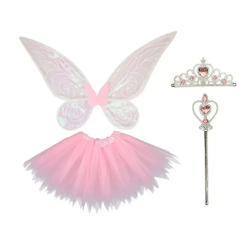 Kids Fairy Wings Dress Up Angel Wings Costume Cosplay Party Skirt Fairy Wand Set