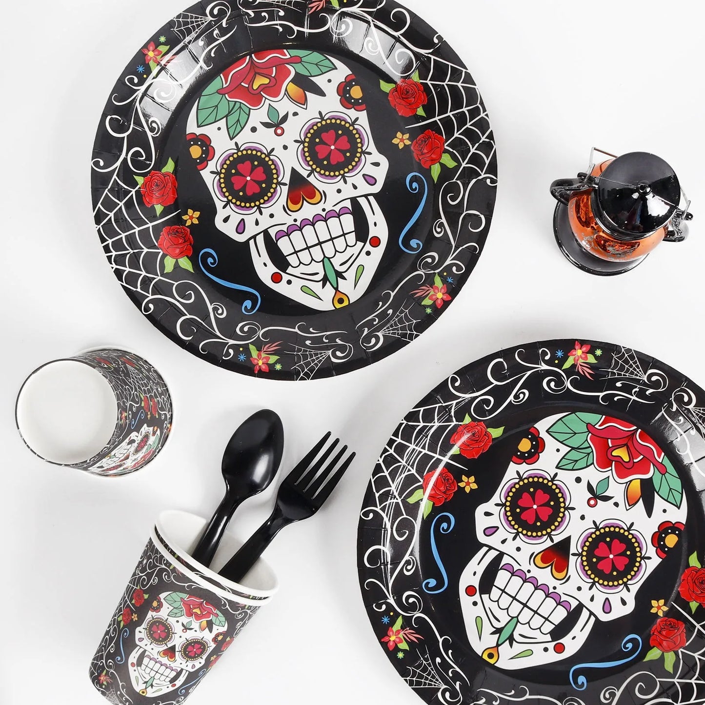 Halloween & Day of the Dead 16 Guests Multicolor Dead Candy Skull Black Charger Set Carnival Party Supplies Halloween Disposable Cutlery Set
