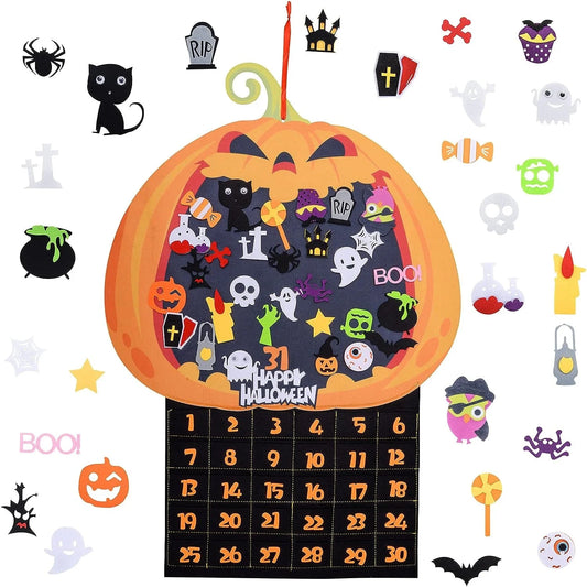 Halloween & Death Day 31 Days Happy Halloween Felt Fabric Pumpkin Countdown Calendar with 30 Removable Decorations Halloween Advent Calendar