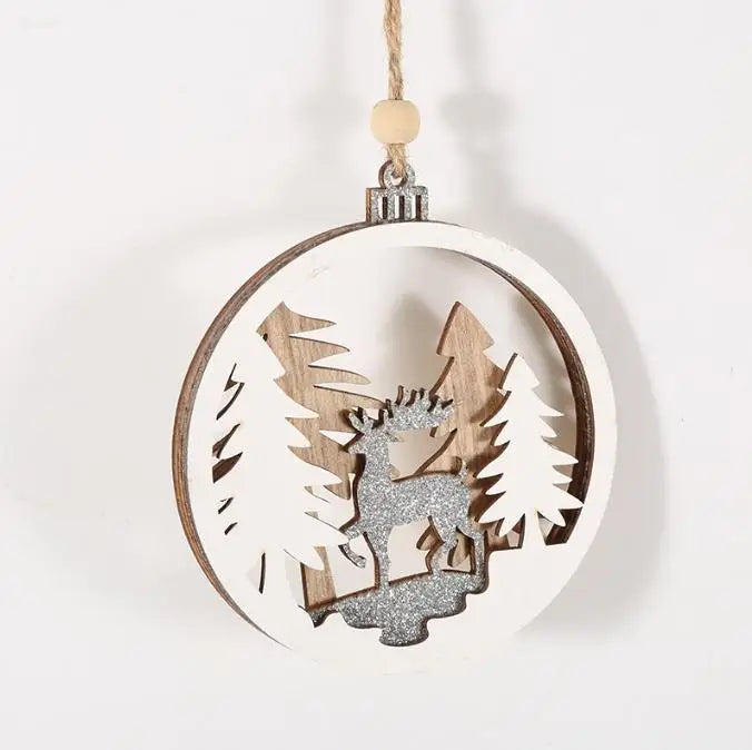 Personalized Design Round Plywood Christmas Day Souvenir Decoration Hollow Elk Kim Cong Powder Christmas Tree Pendant