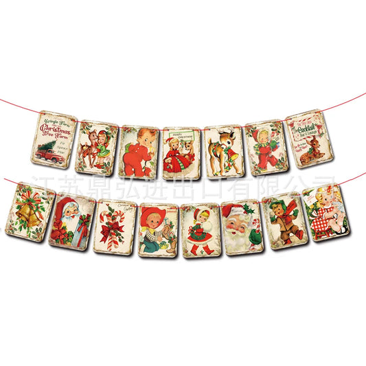 15pcs/set Retro Xmas Holiday Party Fireplace Decoration Christmas Bunting Vintage square Latte Traditional Christmas Flag Banner