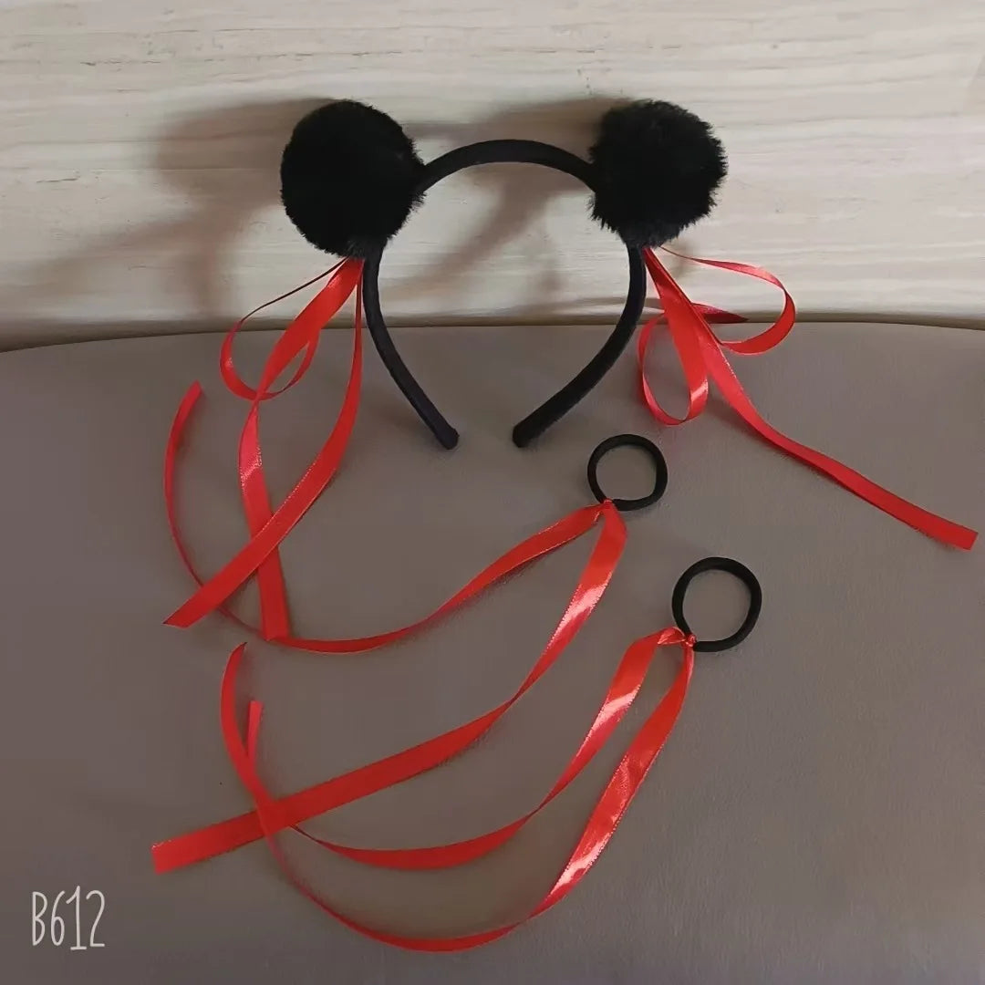 Wholesale 2025 headband children role play decoration red and black hair accessories cute fluff cartoon headband