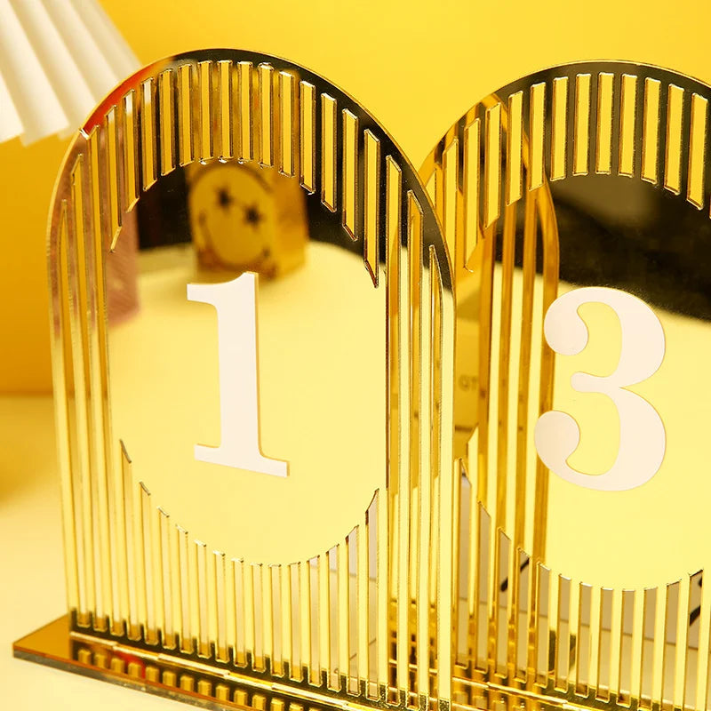 1 wedding party, elegant wedding table decorated with gold geometric mirror acrylic table numbers, with 3D font