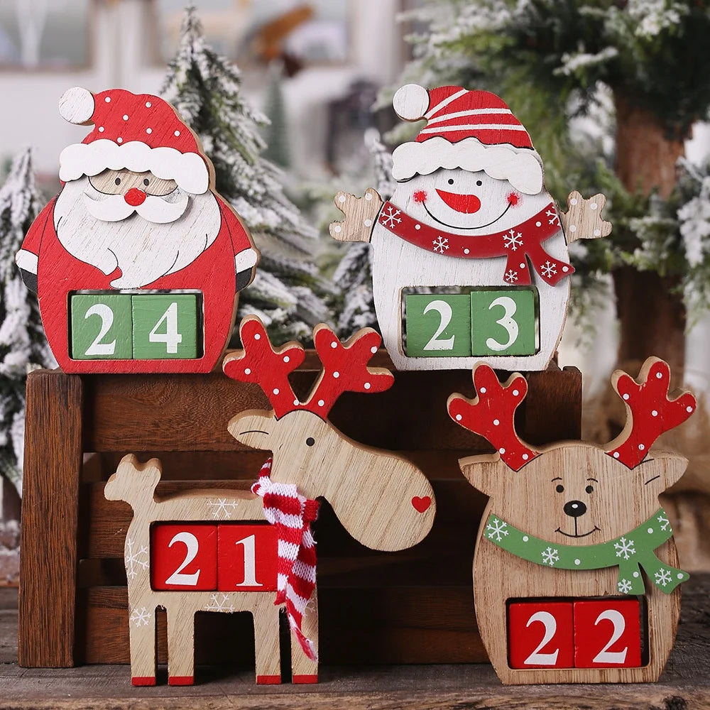 Christmas wooden painted indoor tableware countdown calendar decoration Christmas elk snowman cartoon advent calendar ornament