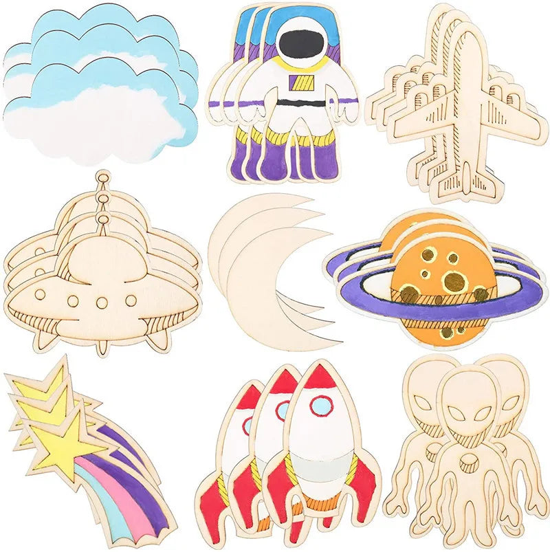 Birthday Party 2 pcs Unfinished Wooden Cut Wooden Paint Crafts Outer Space Party Gift Supplies Space Birthday Party Gift Bag Accessories