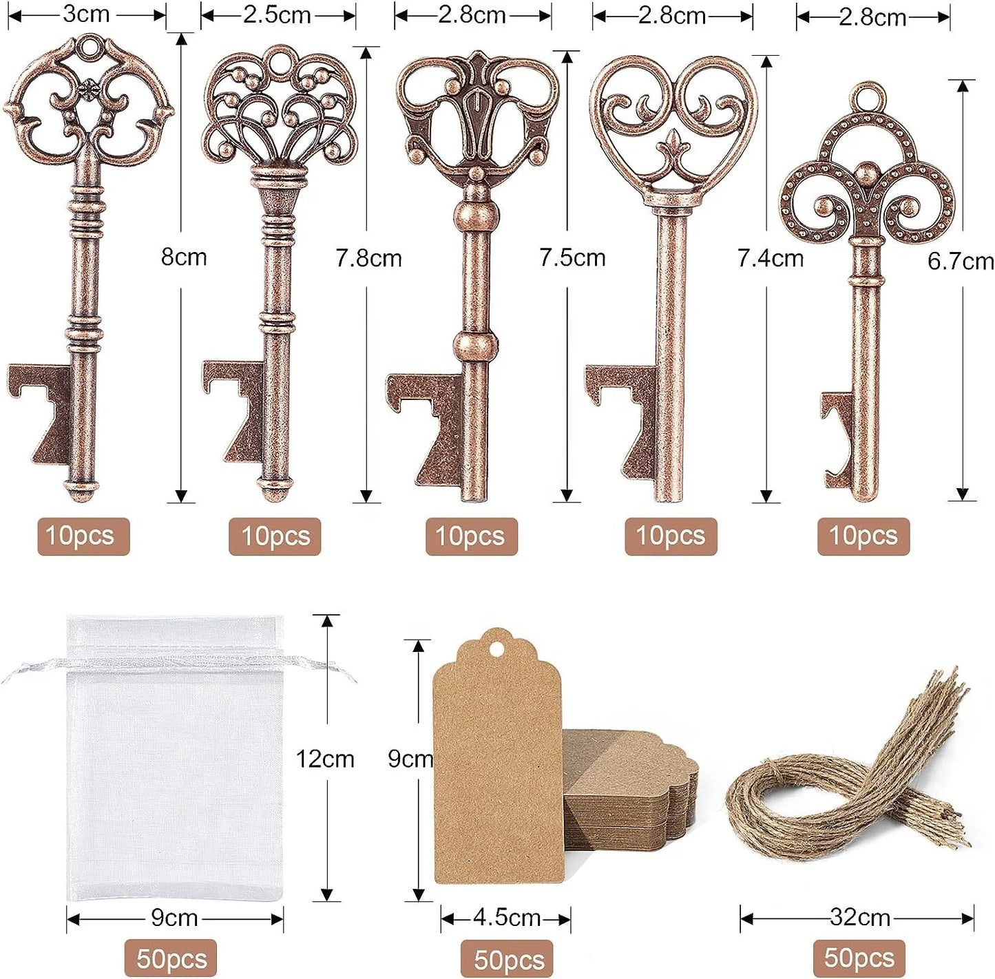 1 wedding party, guest wedding gift vintage key bottle opener organza bag kraft paper gift label