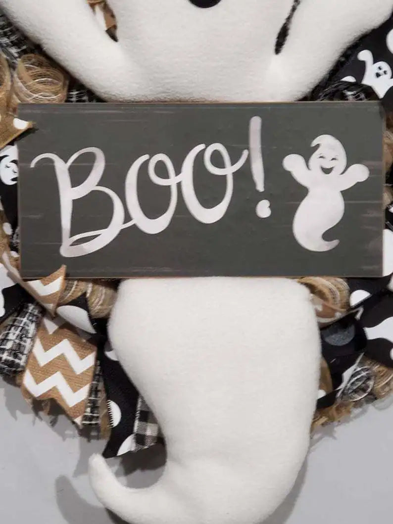 Halloween & Day of the Dead Holiday Decorative Props Ghost Hanging Wreath Front Door Window Ghost Wreath with Cloth