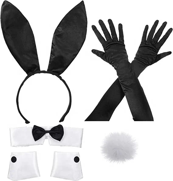 Halloween & Day of the Dead Cosplay Party Classic Fancy Bunny Tuxedo Style Black Dress Cosplay Costume Tail Ears Gloves Set