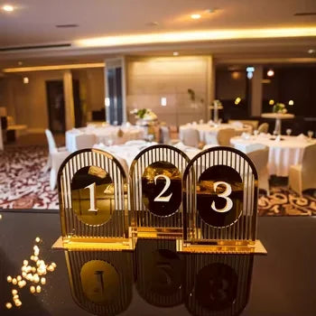 1 wedding party, elegant wedding table decorated with gold geometric mirror acrylic table numbers, with 3D font